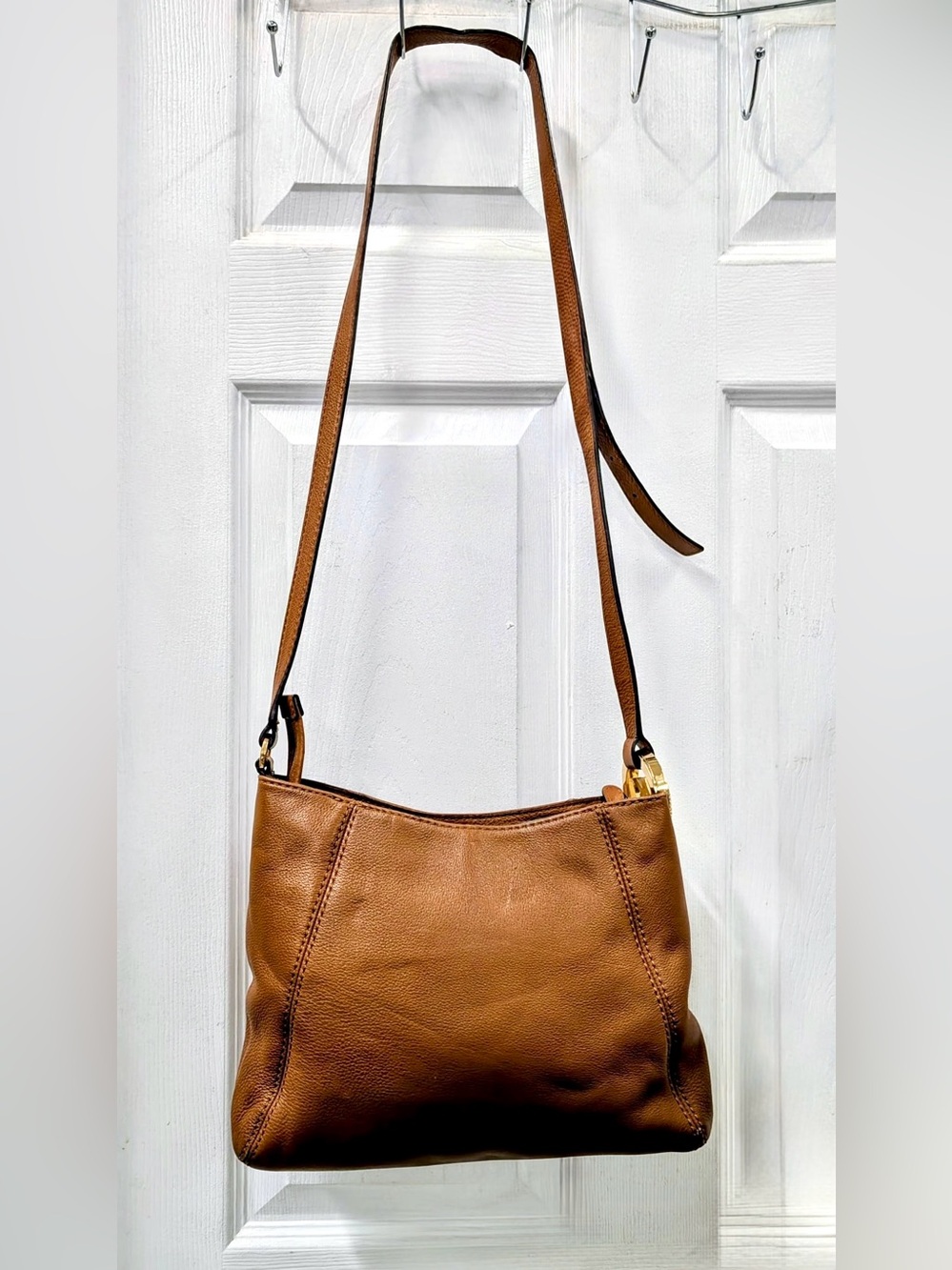Michael Kors Cognac Pebbled Leather Crossbody Bag Gold MK Logo Adjustable Strap - Picture 4 of 9